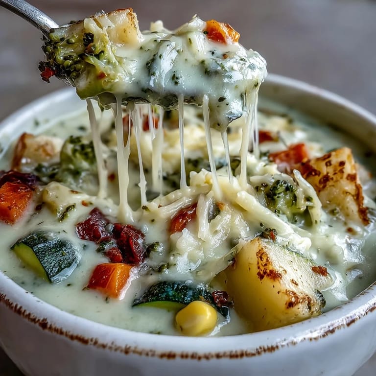 Rich and creamy Creamy Garlic Parmesan Veggie Soup garnished with thyme beside a slice of crusty bread
