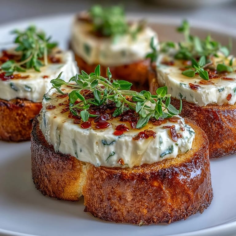 Rustikale Hot Honey Goat Cheese Crostini als elegante Vorspeise, garniert mit Thymian und Mikrogrün.