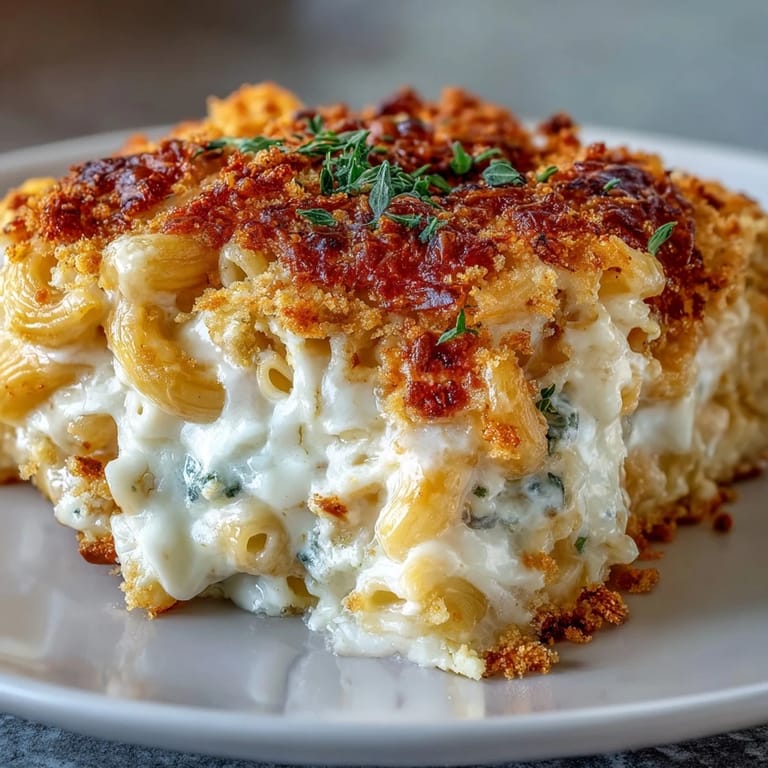 Geschmolzener Käsekruste auf der Four-Cheese Mac & Cheese Bake, angerichtet neben frischen Kräutern.