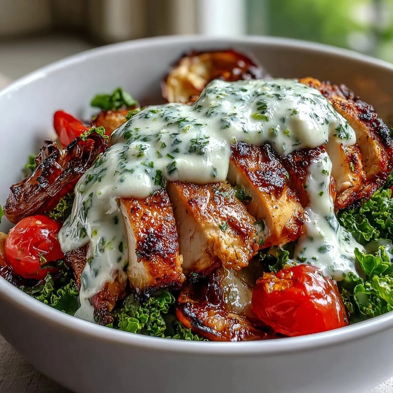 Colorful Chimichurri Grilled Chicken Bowl featuring juicy chicken, fresh tomatoes, zesty herbs, and a rich garlic drizzle.
