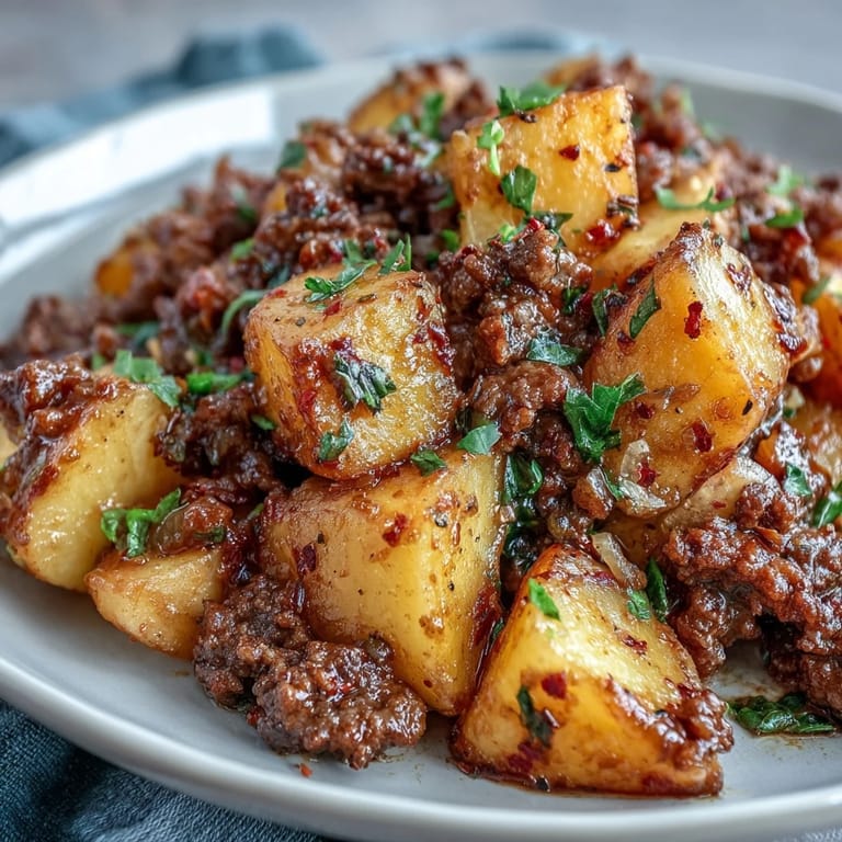 Close-up of High Protein Ground Beef with Potatoes topped with fresh parsley, served for a family dinner.