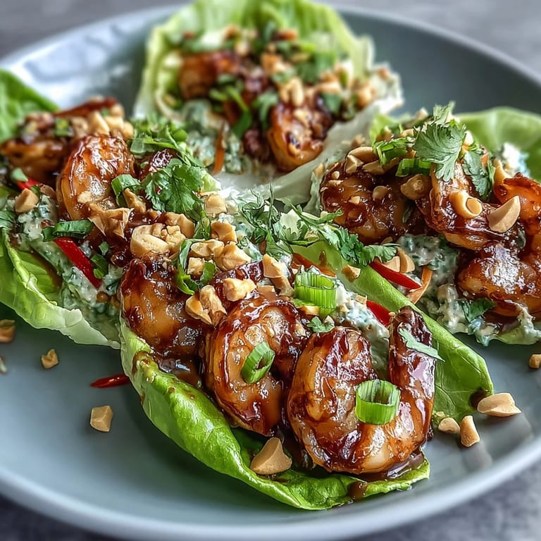 Tender Shrimp Lettuce Wraps with Peanut Sauce served with crunchy carrots, peppers, and cucumber for a fresh bite.