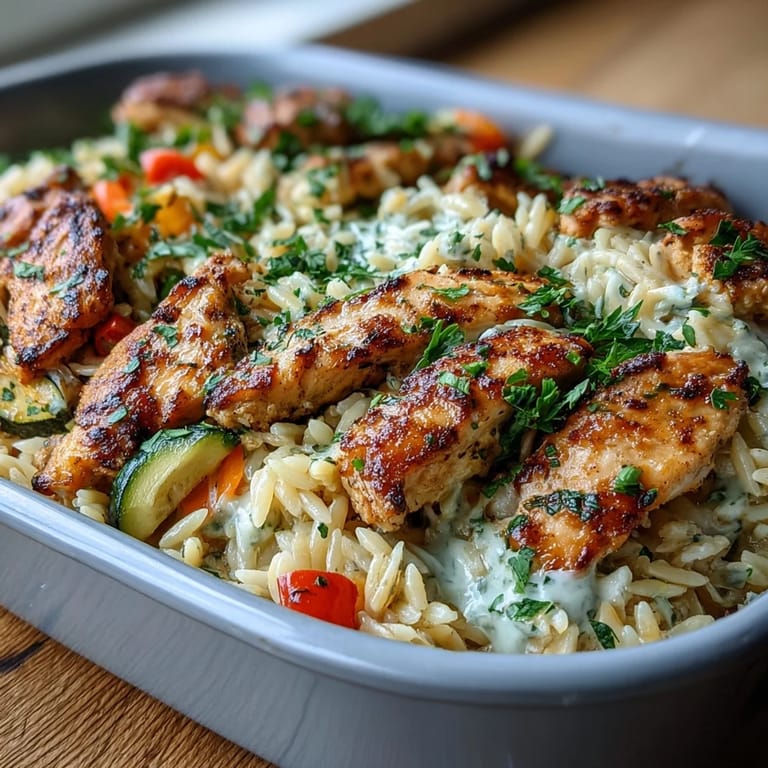 Boursin Orzo Auflauf: Hähnchen & Gemüse Freude, serviert mit frisch gehackter Petersilie und goldbrauner Kruste.