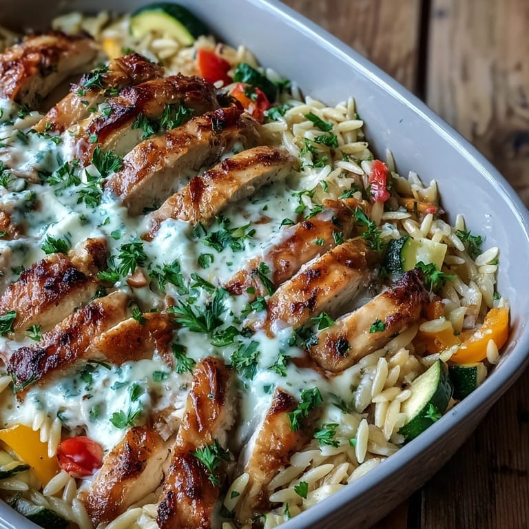 Eine dampfende Schüssel Boursin Orzo Auflauf: Hähnchen & Gemüse Freude, voller saftiger Paprika und Zucchini-Stücke.