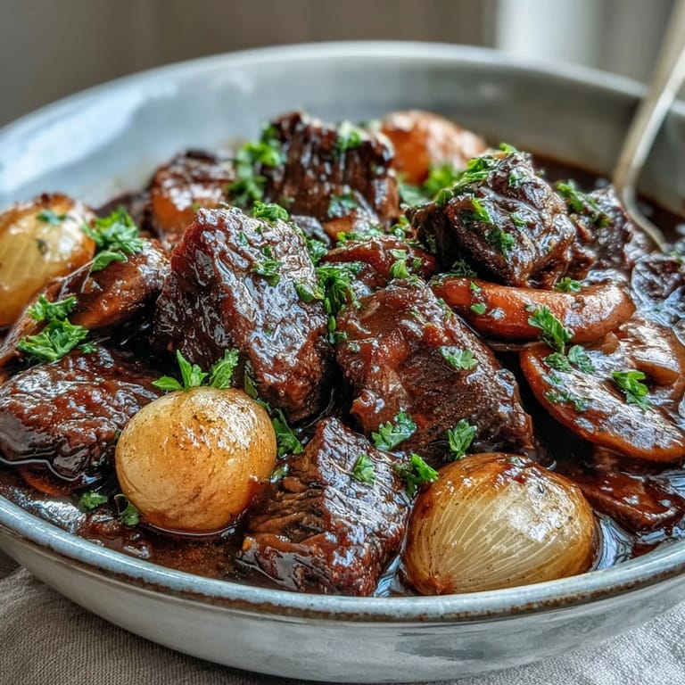 Ein rustikales Wild Mushroom Beef Bourguignon serviert auf Teller mit frischen Kräutern und Beilagen.