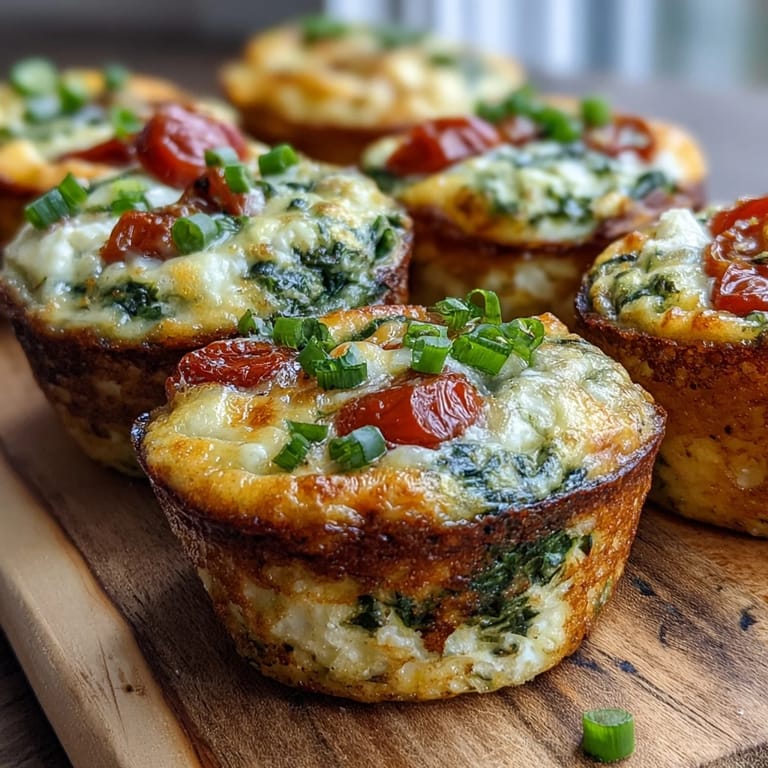 Nahaufnahme von High-Protein Egg Muffin Cups mit Spinat und Tomaten, zeigt saftige rote Tomatenstücke und grünen Spinat.