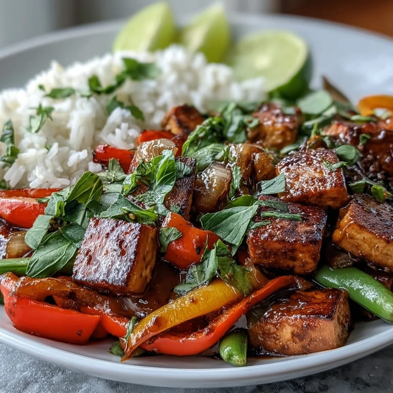 Genussvoller Vegane Thai Basilikum Tofu Stir-Fry mit scharfer Sauce und frischem Basilkum auf Tellern