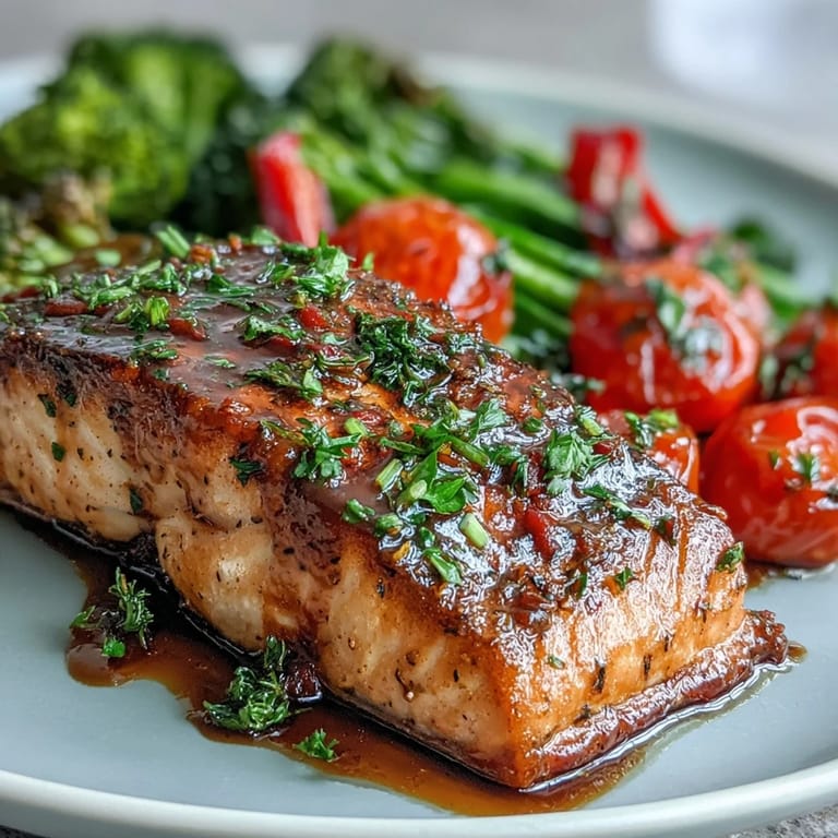 Saftige Lachsfilets mit glasierter Dijon-Senf-Soße und weichem, knusprigem Gemüse auf einem Ofenblech, serviert mit Zitronenscheiben.