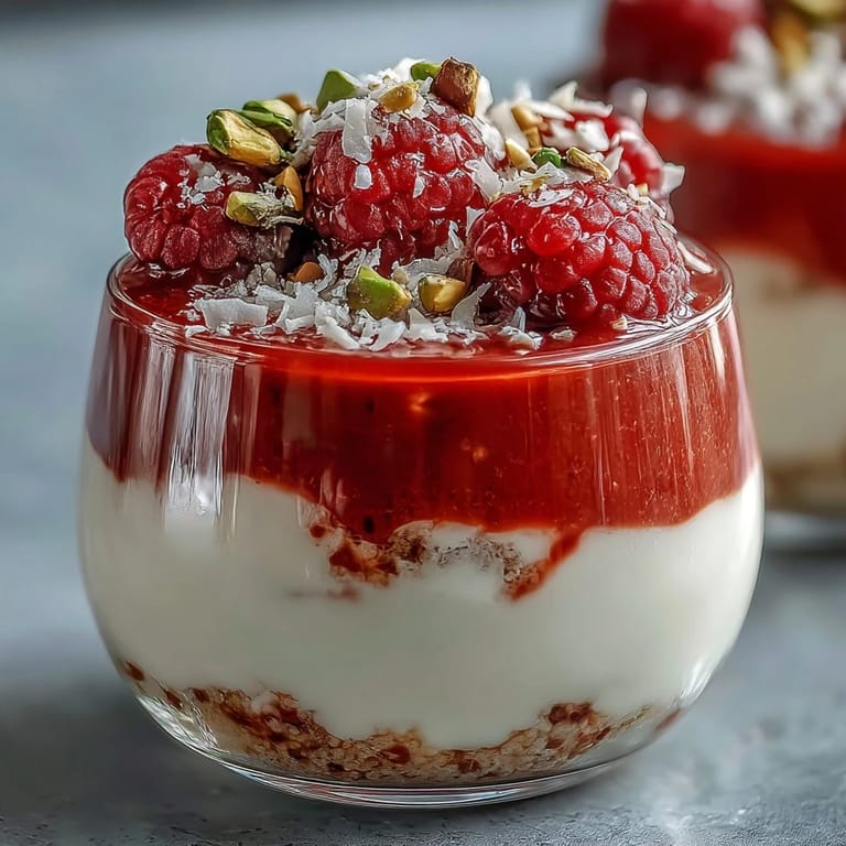 Ready to serve Vegan Raspberry Coconut Chia Parfaits with coconut flakes and crunchy nuts.