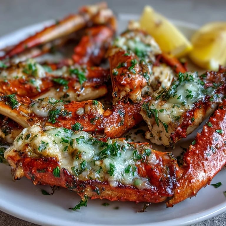 Goldene Keto Garlic Butter Crab Legs würzig in Knoblauchbutter, serviert mit Zitrone.  