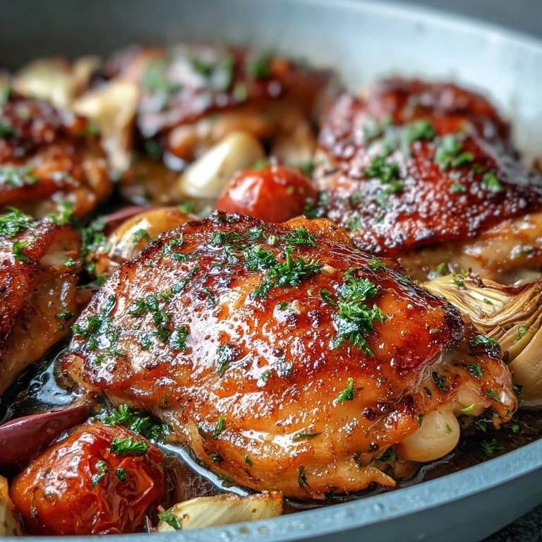 2. Ein-Pfanne-Gericht mit mediterran gewürzten Hähnchenschenkeln, herzhaften Kalamata-Oliven, zarten Artischocken und frischen Kräutern für ein geschmackvolles, glutenfreies Essen.