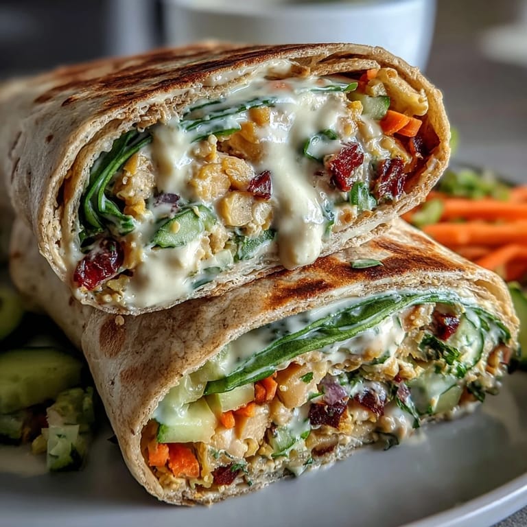 3. Bunte, vegane Wraps mit herzhaftem Kichererbsensalat, Spinat und knackigen Gurken, serviert mit Zitronenspalten.