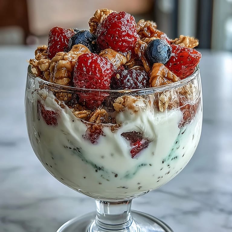 Sinnliches Frühstücks-Parfait mit cremigem Joghurt, saftigen Beeren und knusprigem Granola-Crumble.  