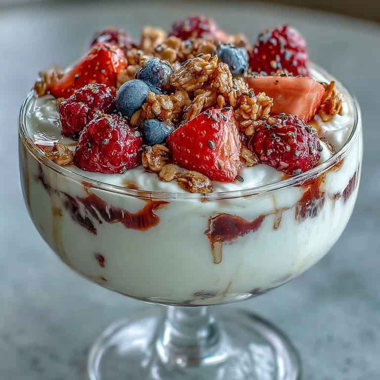 Gesundes, proteinreiches griechisches Joghurt-Beeren-Parfait mit frischen Früchten und knusprigem Granola-Topping.
