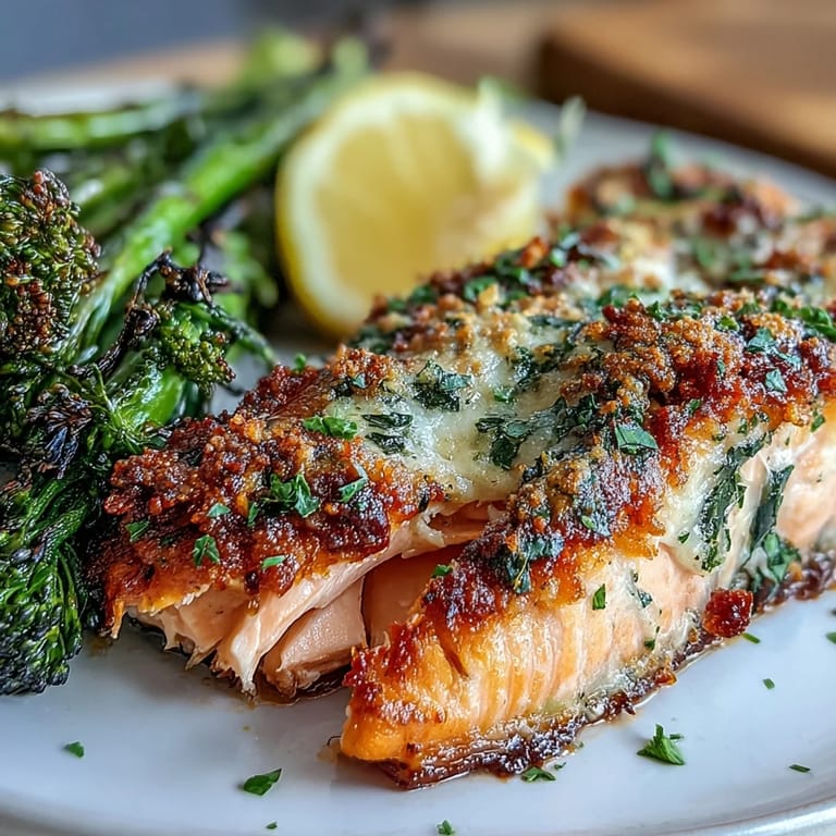 3. Low-Carb-Hauptgericht: saftiger Lachs mit Knoblauch-Parmesan-Kruste, gerösteter Brokkoli und frische Zitronenspalten für extra Frische.