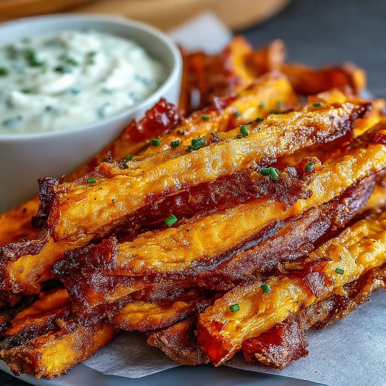 Gegarte Süßkartoffelstäbchen aus der Heißluftfritteuse, serviert mit einem cremigen, sahnigen Zwiebeldip zum Dippen.
