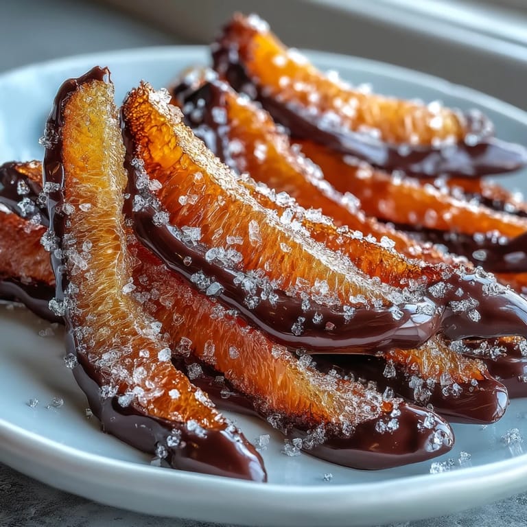 Glänzende Orangenschalen, sorgfältig kandiert und in reichhaltige dunkle Schokolade gehüllt, ein raffinierter Snack für Schokoladenliebhaber.