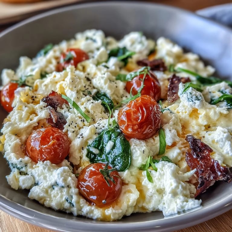 Ein cremiger Eierspeise mit Cottage Cheese und knackigem Gemüse – perfekt für ein proteinreiches Frühstück.