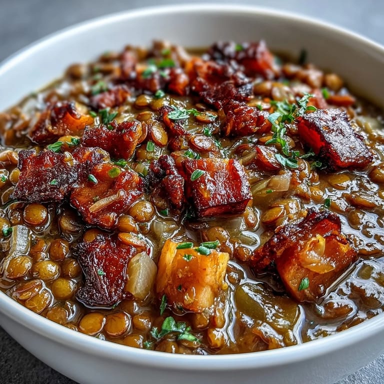 Rauchiger Schinken, weiche Linsen und duftende Zwiebeln vereinen sich in dieser einfachen One-Pot-Suppe.