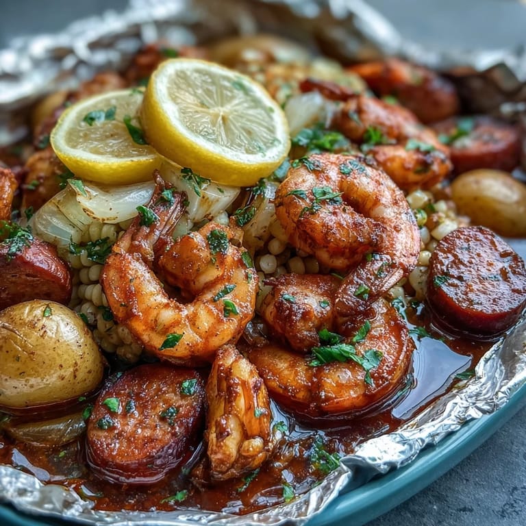 2. Saftige Garnelen, rauchige Wurst und goldbraune Kartoffeln in aromatischen Cajun-Gewürzen, perfekt im Ofen oder auf dem Grill gegart.  