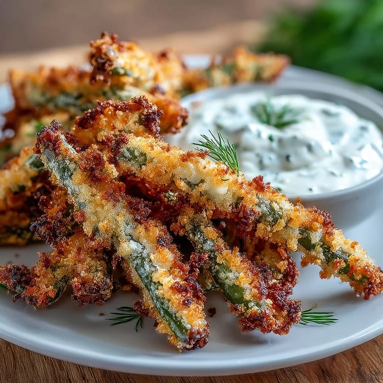 Zarte grüne Bohnen in knuspriger Paniermehl-Parmesan-Hülle, perfekt kombiniert mit erfrischendem Ranch-Joghurt-Dip.