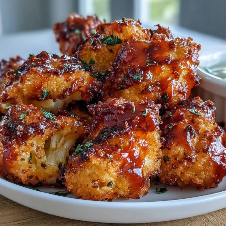 Knusprige Blumenkohlflügel in scharfer Buffalo-Sauce, perfekt als gesunder veganer Snack oder Vorspeise.
