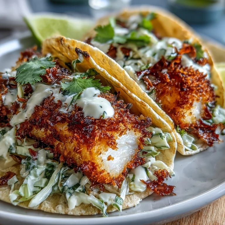 Goldbraune Fisch-Tacos mit cremigem Krautsalat und würziger Sauce, serviert in warmen Tortillas.