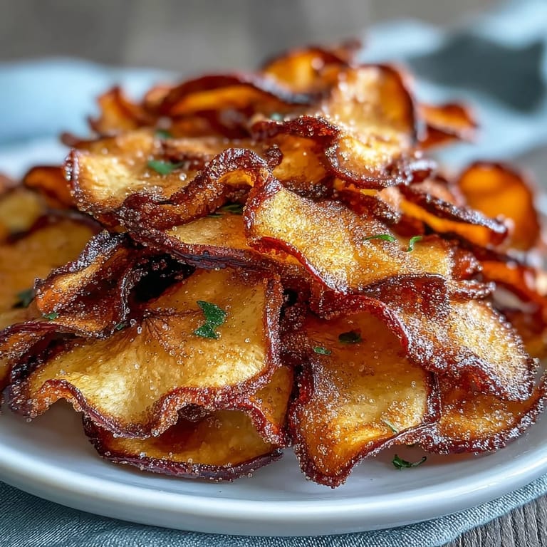 Goldbraune Apfelscheiben mit Zimt-Zucker, im Airfryer perfekt knusprig geröstet.