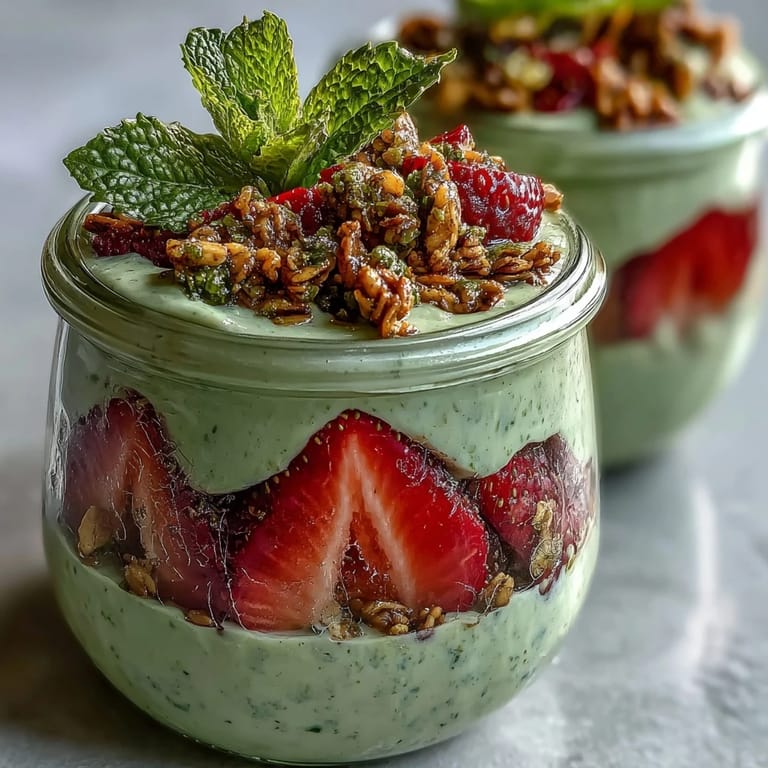 Erdbeer-Matcha-Joghurt-Parfait mit Granola: Schichten aus cremigem Matcha-Joghurt, frischen Erdbeeren und knusprigem Granola in einem Glas.