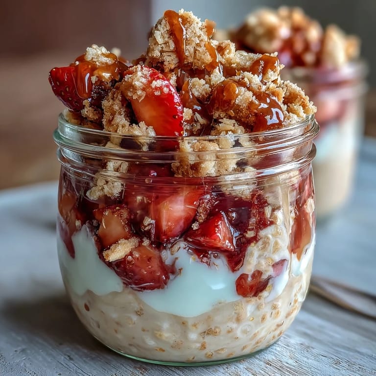 3. Erdbeer-Käsekuchen-inspirierte Overnight-Oats, geschichtet mit frischen Erdbeeren und knusprigem Graham-Cracker-Crumble für ein köstliches Frühstück.