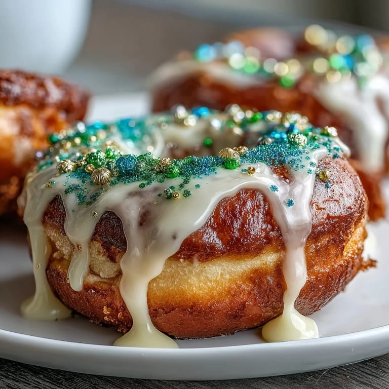 Festliche King Cake Donuts mit Vanilleglasur und grünen, violetten sowie goldenen Streuseln.