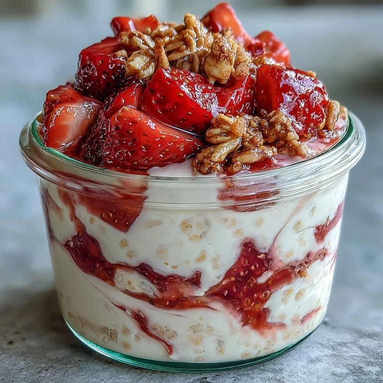 STRAWBERRY SHORTCAKE OVERNIGHT OATS MIT SÜSSEN FRISCHEN STRAWBERRIES UND EINER CREMIGEN VANILLEJOGHURT-SCHICHT.  