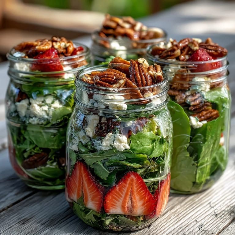 Frische Erdbeeren, cremiger Ziegenkäse und knackige Nüsse in einem bunten Schichtsalat für unterwegs.