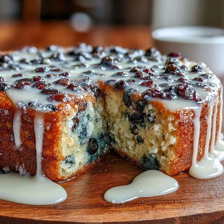 Goldbrauner Pfannenkuchen voller Blaubeeren und Zitronenaroma, mit Sauerteig gebacken und mit cremigem Zitronenguss dekoriert.