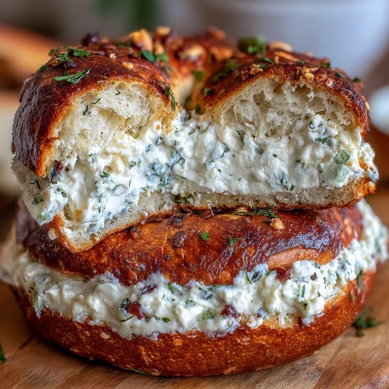3. Selbstgemachte Bagels mit würzigem Knoblauchgeschmack und Kräutern, dazu ein cremiger Hüttenkäse-Aufstrich für einen gesunden Start in den Tag.
