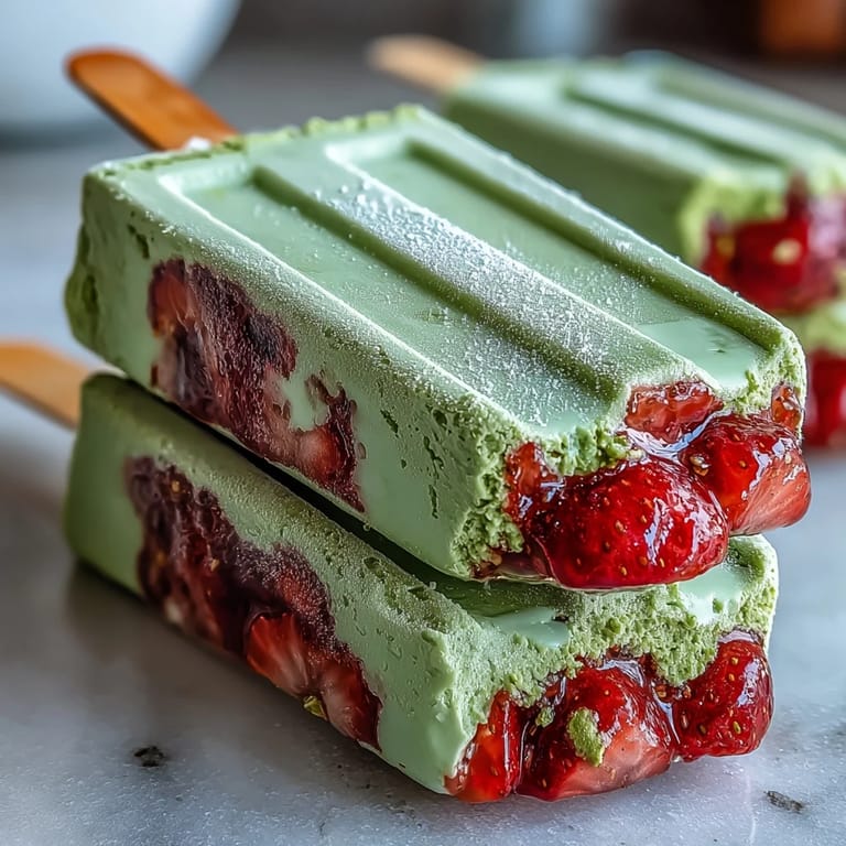 Lebendige Matcha-Erdbeer-Eis am Stiel mit süßen Beeren und erdiger Tee-Note für den Frühling.