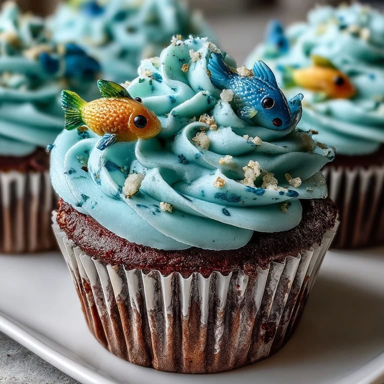 1. Pisces Cupcakes mit Fisch Fondant Toppern – verspielte blaue Cupcakes mit süßen Fondant Fischen, ideal für Sternzeichen-Partys.