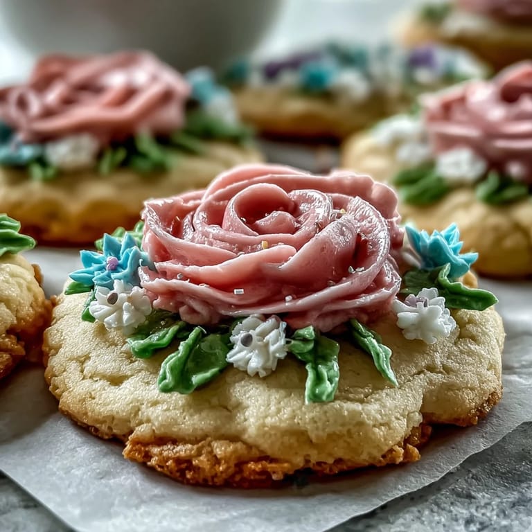 Blütenförmige Zuckerkekse mit detaillierten Royal-Icing-Blüten, ideal für festliche Anlässe und Frühlingstische.