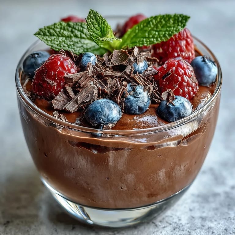 2. Proteinreiche Schokoladen-Mousse aus Hüttenkäse, dekoriert mit einer bunten Mischung aus frischen Beeren und dunklen Schokoladenraspeln.  
