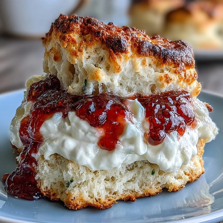 2. Zarte, frisch gebackene Scones, getoppt mit üppiger Clotted Cream und hausgemachtem Erdbeer- oder Himbeer-Marmelade.
