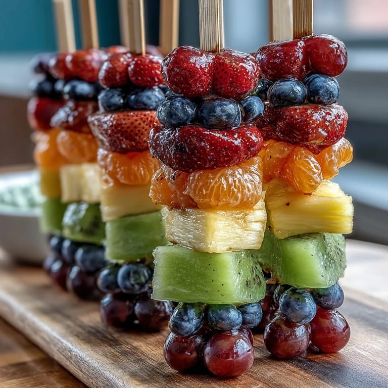 Frische Fruchtspieße in Regenbogenreihenfolge, serviert mit erfrischendem Joghurt-Dip zum Eintauchen.