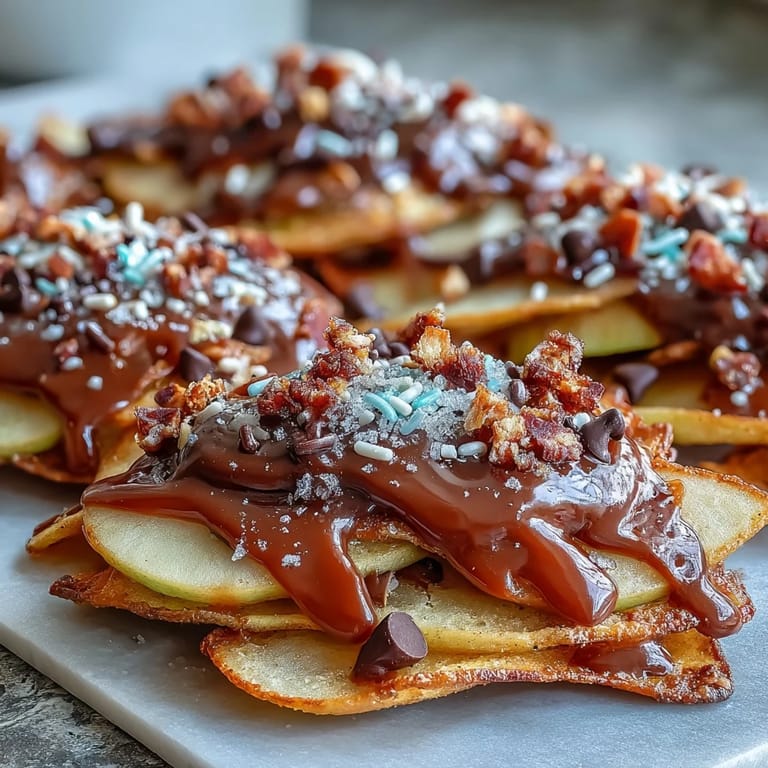 Frische Apfelscheiben als Basis für eine süße Nacho-Variante mit Karamell-Drizzle und Schokolade.  