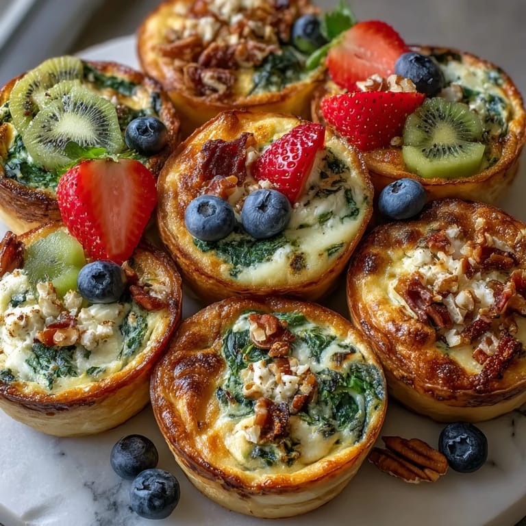 Farbenfrohes Mother's Day Brunch-Brett mit herzhaften Mini-Quiches, Beeren, Kiwi und Gebäck für jeden Geschmack.