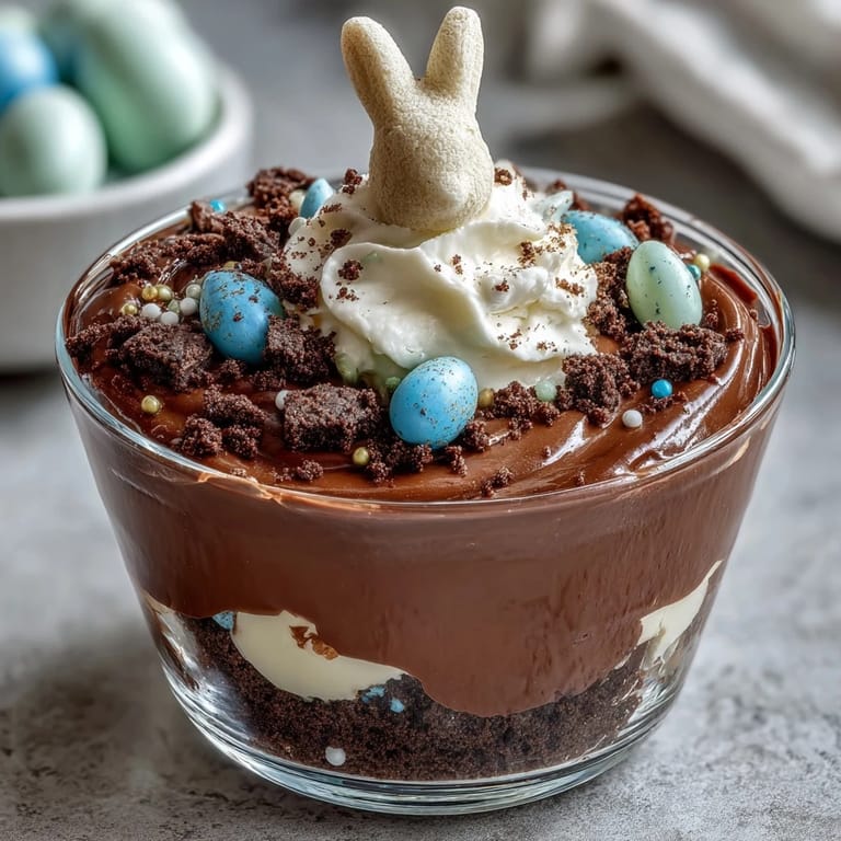 Oster-Hase-Schmutzbecher mit Schokoladenpudding und Oreos: Eine farbenfrohe, kinderfreundliche Nachspeise mit cremigem Pudding, knusprigen Kekskrümeln und niedlichen Marshmallow-Osterhasen.
