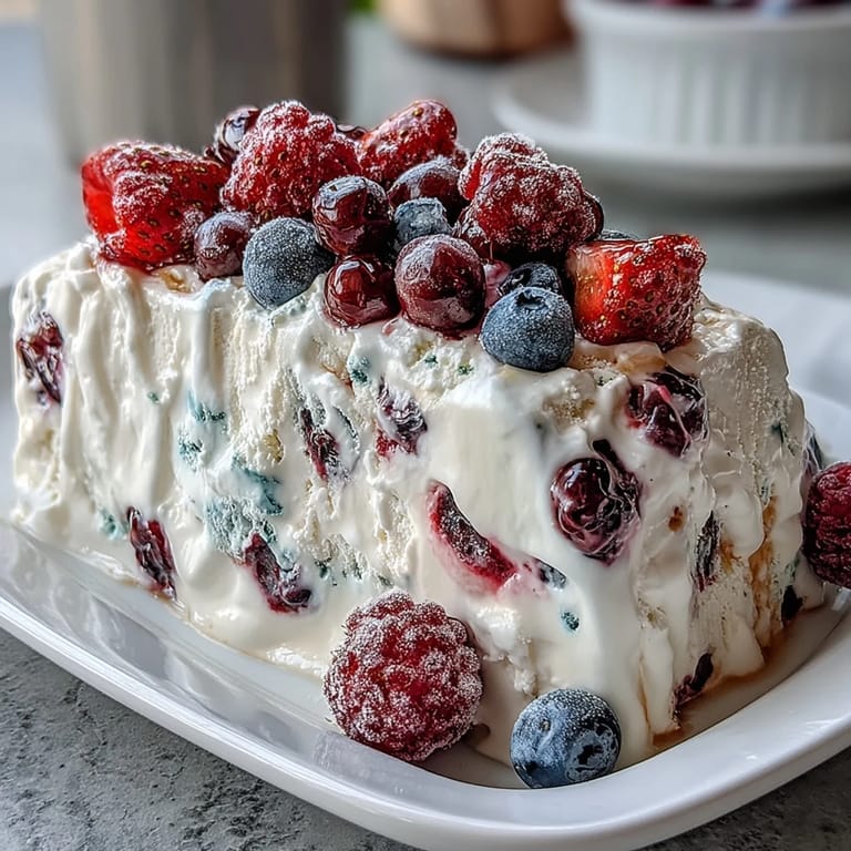 2. "Bunter Beeren-Joghurt-Bark mit griechischem Joghurt, gemischten Beeren und Honig, perfekt für heiße Sommertage und schnelle Desserts."