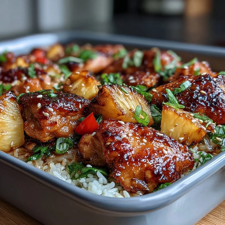 1. "Saftiges Hähnchen, Ananas und fluffiger Reis in goldener Teriyakisauce – ein köstlicher Auflauf für die ganze Familie."