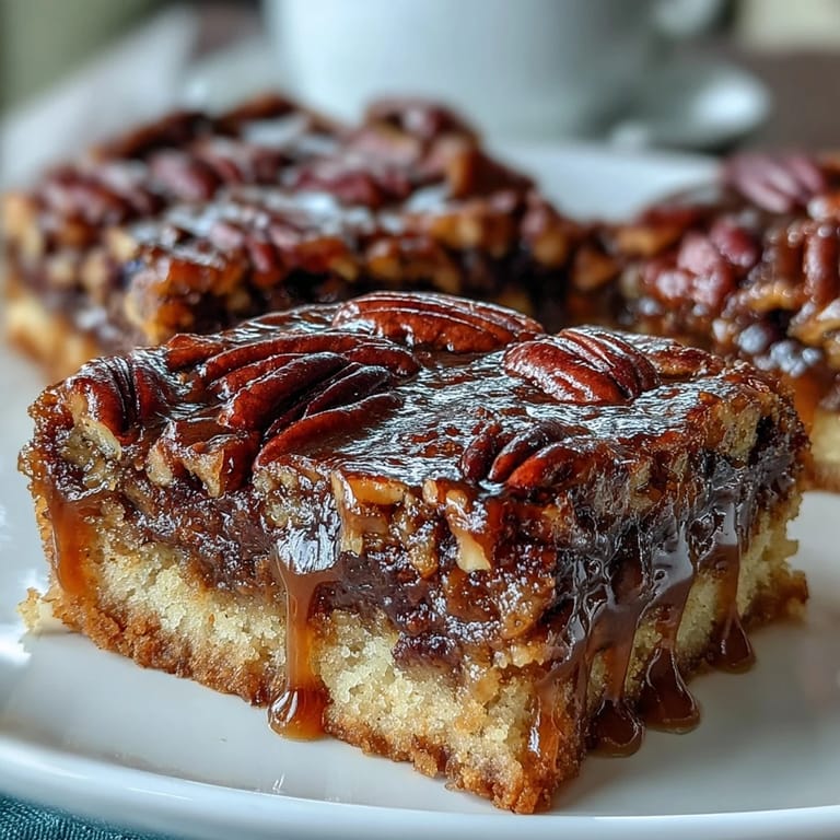 2. Saftige Südstaaten-Pekannusskuchen-Riegel mit buttrigem braunen Zucker-Teig und karamellisierten Pekannüssen, perfekt für festliche Anlässe.  