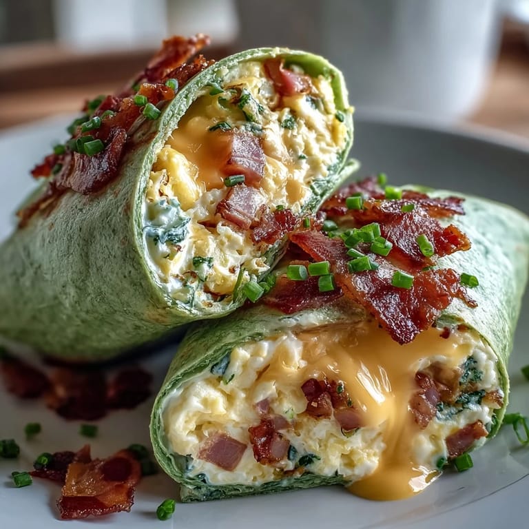 Fluffige Rühreier, herzhafter Schinken und Cheddar in einer leuchtend grünen Spinat-Tortilla gewickelt.