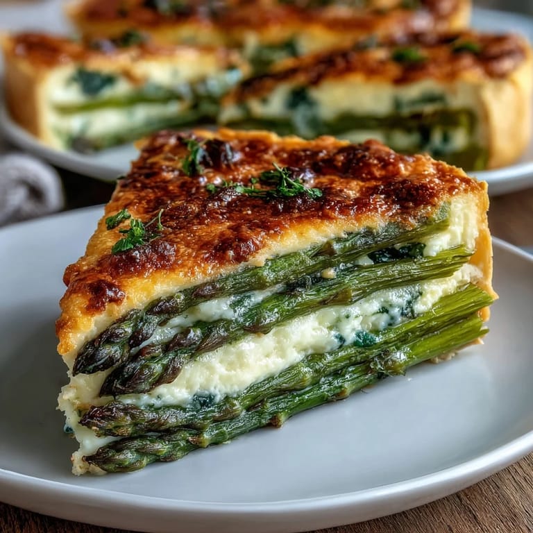 Goldene Spargel-Tarte mit würziger Käse-Creme und zarten Kräutern auf fluffigem Blätterteig.