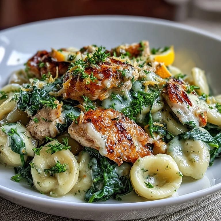 One-Pot Lemon Orzo mit Hühnchen und Spinat: zartes Hühnchen und Spinat in cremiger Zitronen-Orzo-Pasta.